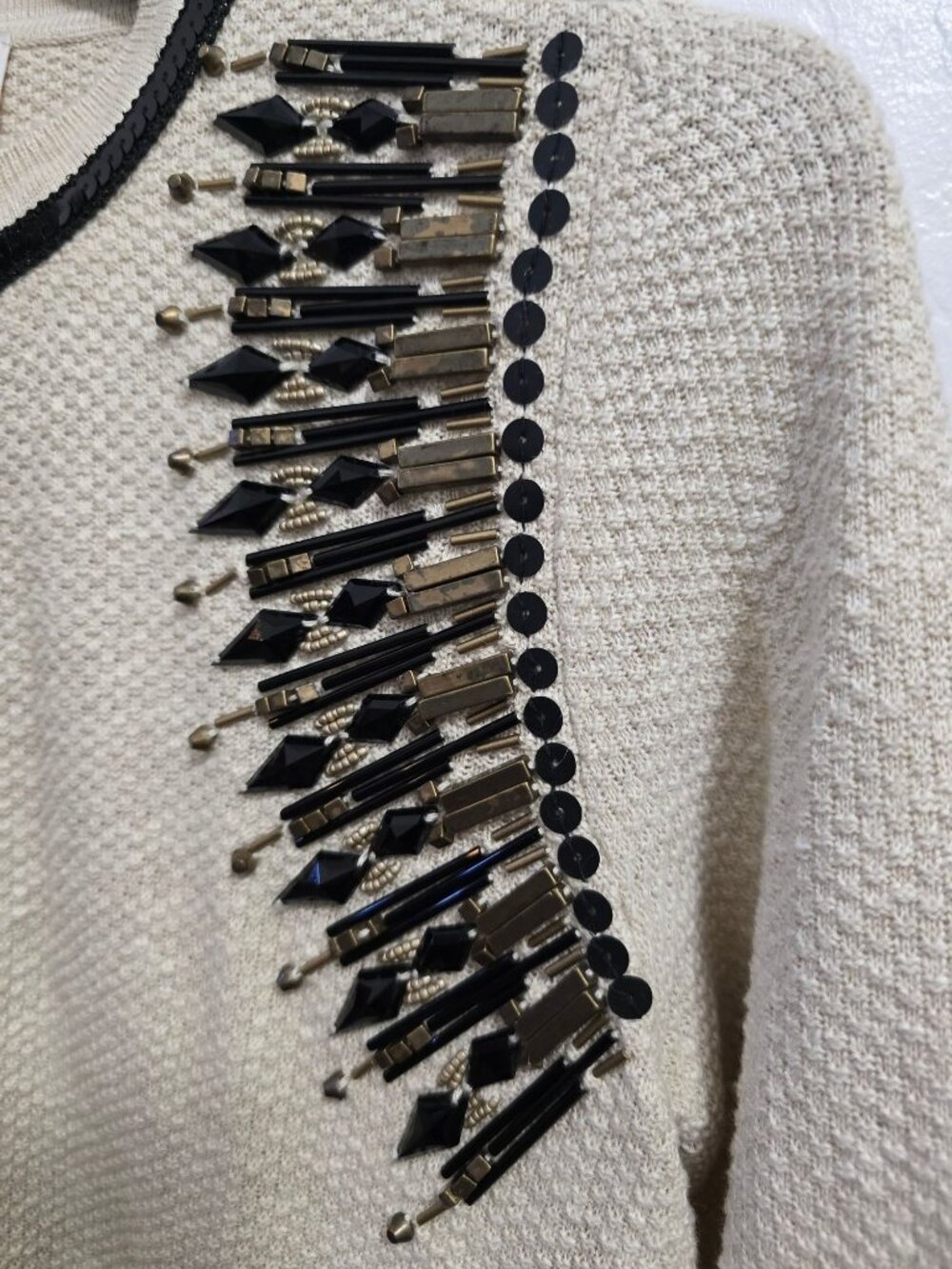 Chicos Size 0 Beige Beaded Embellished Cardigan Sweater Cotton Blend - Picture 9 of 13